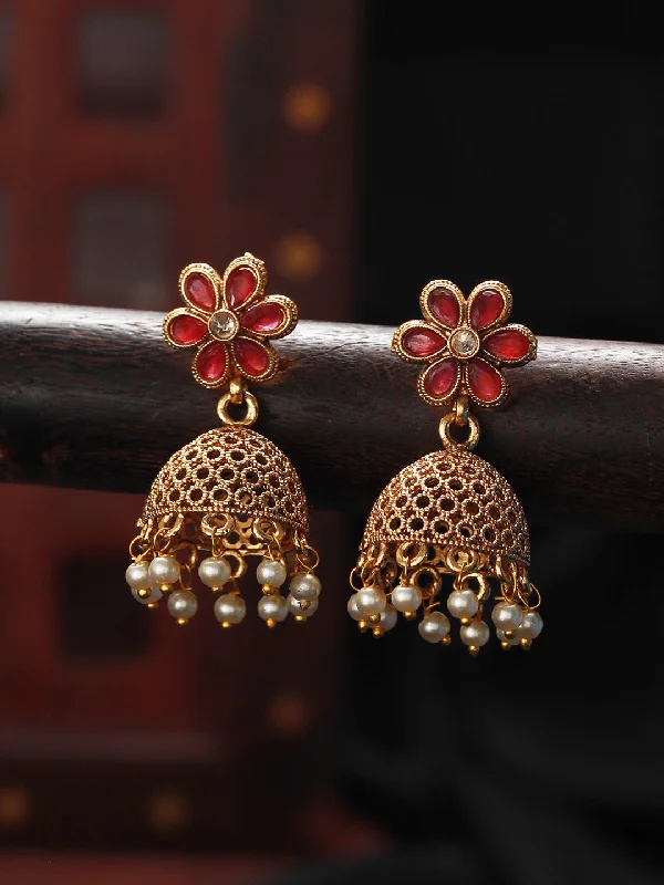 Ladies High Polish Rings -Gold Plated & Red Stone Studded, Pearl Beaded Dome Shaped Jhumka Earring