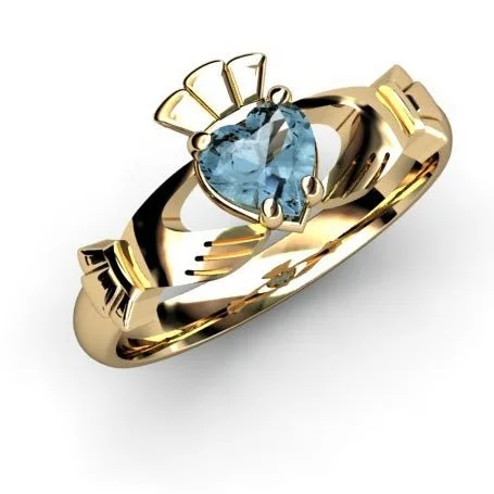 Ladies Luminous Rings -Aqua Marine Gold Claddagh Ring <font color="#FF0000"> IN STOCK!  Ships in 48 Hours!</font>