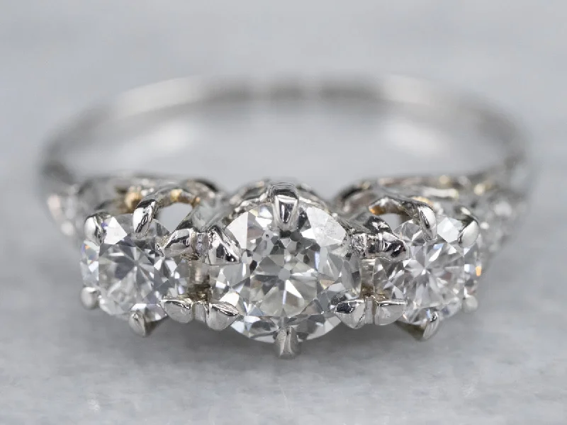 Ladies Low Profile Engagement Rings -Platinum Vintage Diamond Encrusted Engagement Ring