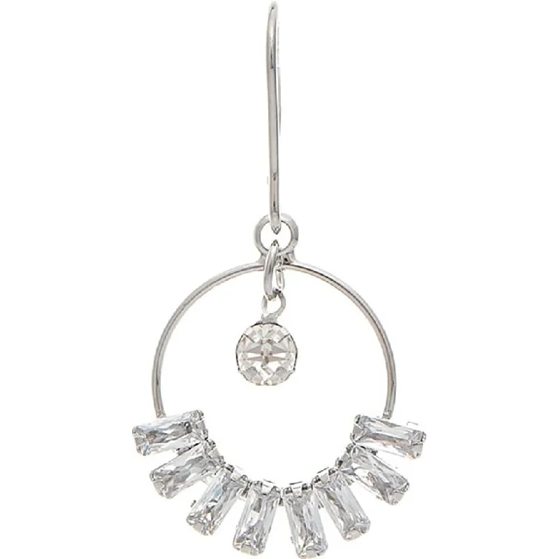 Ladies Coin Charm Earrings -Rain : Silver Cubic Zirconia Crystal Edge Circle Earring