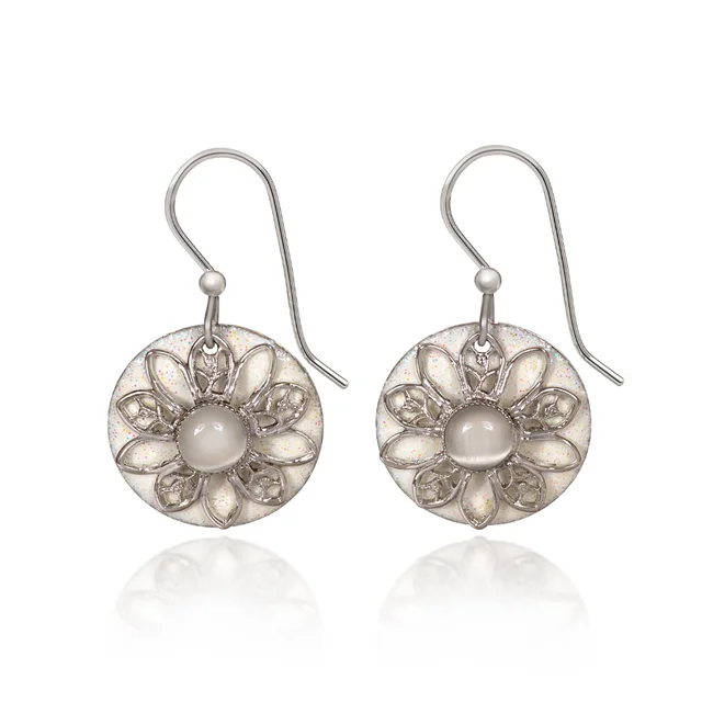 Ladies Explorer Spirit Earrings -Silver Forest Earrings White Filigree Flower on Round Disc