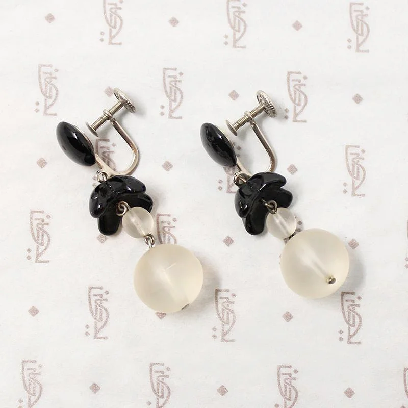 Ladies 22K Gold Earrings -West German Black & White Glass Dangle Earrings