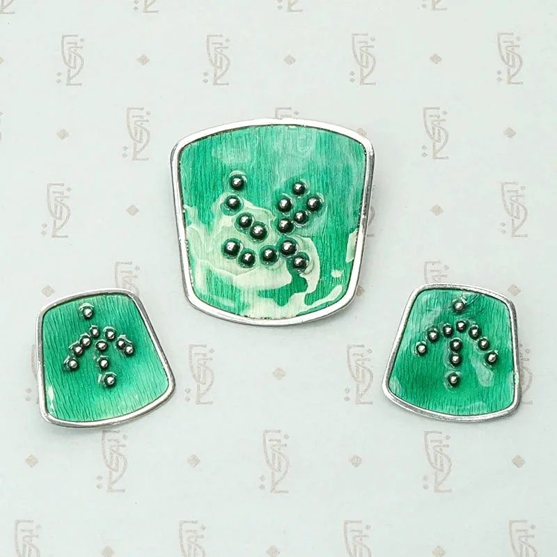 Ladies Winter Frost Earrings -Green Enamel Silver Brooch & Earring Set by KAS