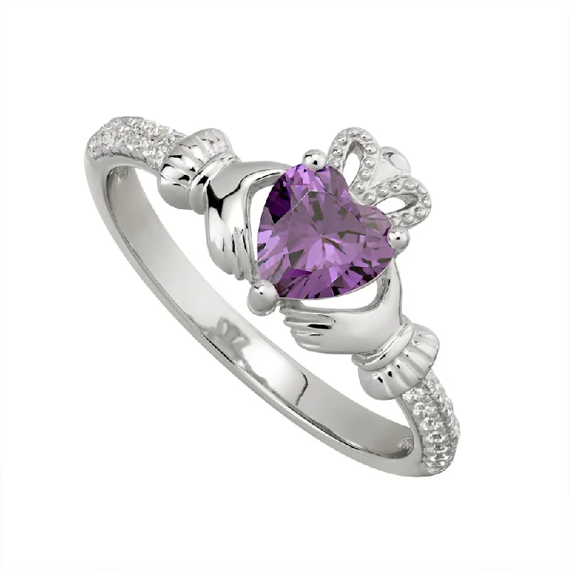 Ladies Steampunk Gear Rings -FEBRUARY Birthstone Sterling Silver Claddagh Ring S-S21062-2