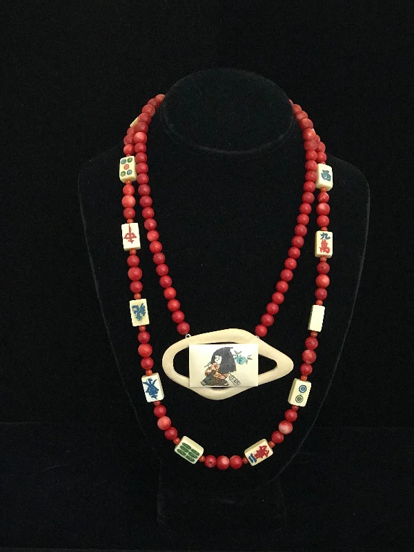 Ladies Necklaces Infinite Spark-Coral Beads With Maj Jong Tiles & Hand Painted Gambling Chip Necklace