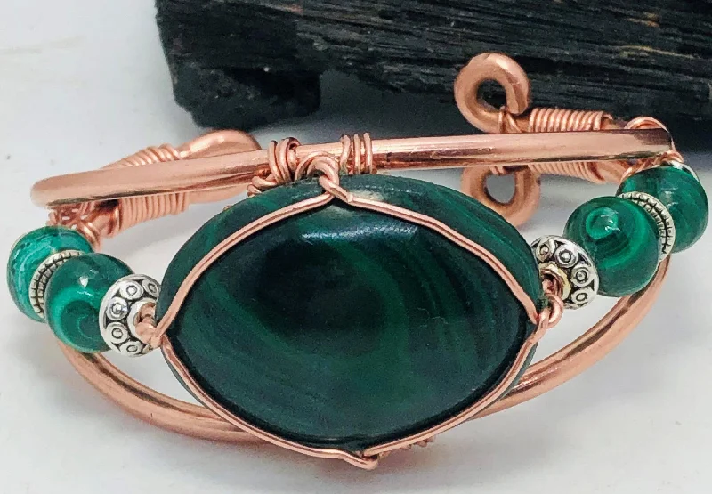 Ladies Bracelets Fine Shine-Malachite Cabochon with Malachite Side Stones  Copper Bracelet Wire wrapped Handmade