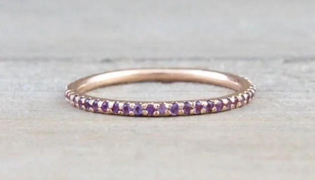 Ladies Wide Band Rings -14k Rose Gold Purple Amethyst Dainty Eternity Band Ring