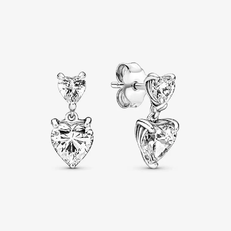 Ladies Zen Calm Earrings -PANDORA : Double Heart Sparkling Stud Earrings