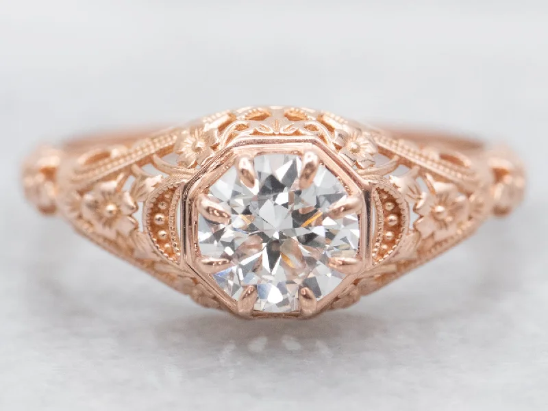 Ladies High Profile Engagement Rings -Rose Gold European Cut Diamond Filigree Engagement Ring