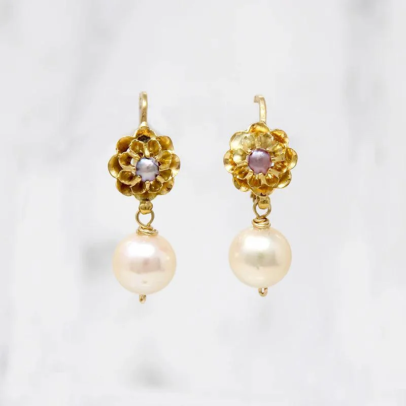 Ladies Subtle Stud Earrings -Romantic Floral Top Pearl Drop Earrings by brunet