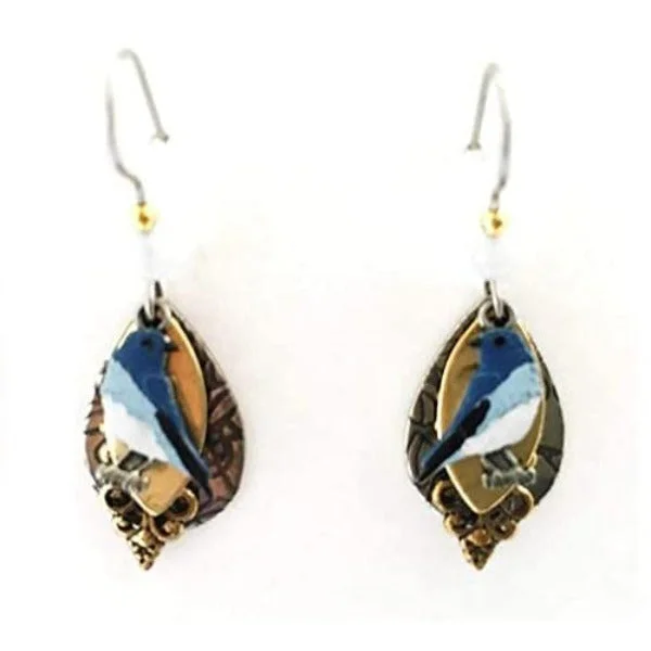 Ladies Broad Band Earrings -Silver Forest Bluebird on Layered Shapes Earrings