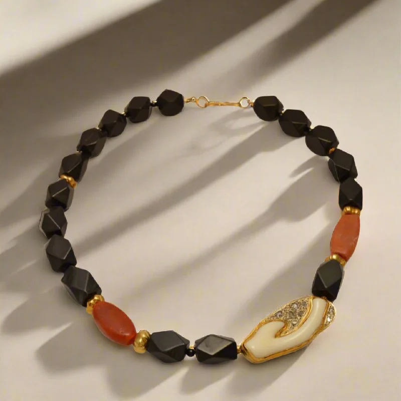 Ladies Necklaces Thick Chain-Necklace with Black Obsidian,  Carnelian, Coral with Diamonds and 18k gold elements