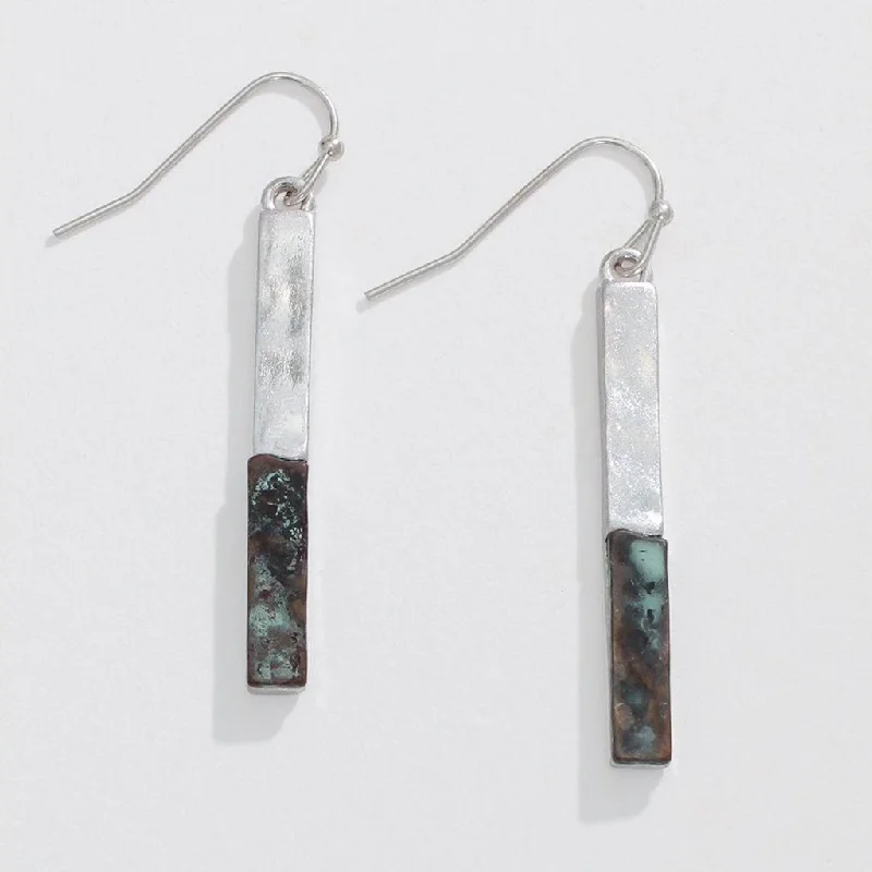 Ladies Pure Platinum Earrings -Periwinkle by Barlow : Hammered silver and patina rectangle drop - Earrings