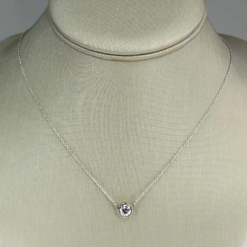 Ladies Necklaces with Blue Pectolite-0.98ct Round Diamond Solitaire 18" Bezel Pendant Necklace in 14K White Gold