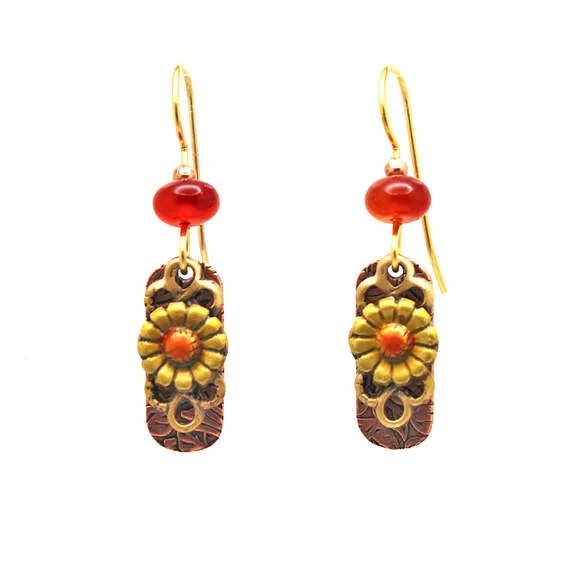 Ladies Joyful Sparkle Earrings -Silver Forest Red and Gold Flower Layered Metal Earrings