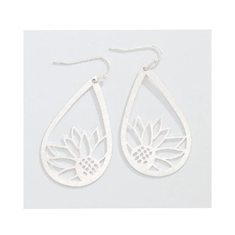 Ladies White Gold Chandelier Earrings -Periwinkle by Barlow : Brushed Silver Sunflower Cutouts- Earrings