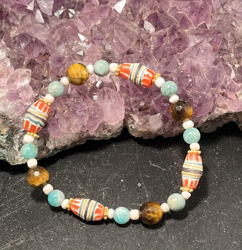 Ladies Bracelets with Teal Chrysocolla-African Beads, Amazonite and Tigers Eye Stretchy Bracelet