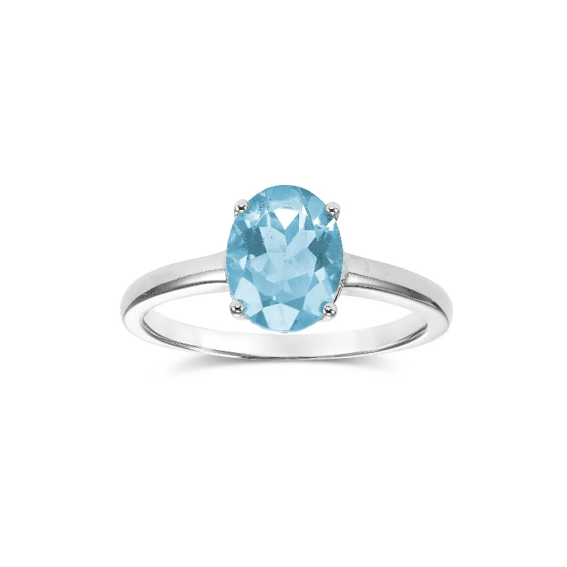 Ladies Uneven Design Rings -Aquamarine Oval Solitaire Ring, 14K White Gold