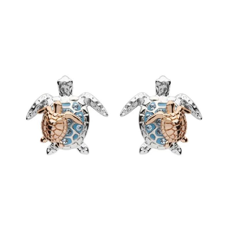 Ladies Elegant Fine Earrings -Ocean : Mother & Baby Turtle Stud Earrings With Crystals