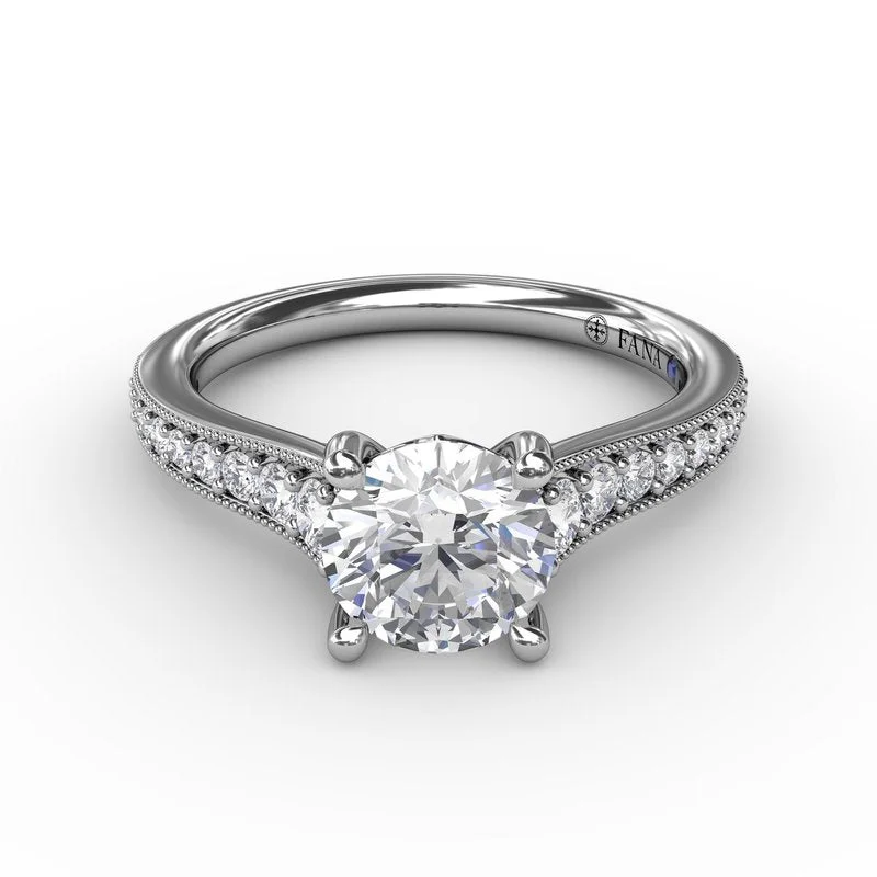 Ladies Matte Engagement Rings -Classic Round Diamond Solitaire Engagement Ring With Milgrain Edge S4020