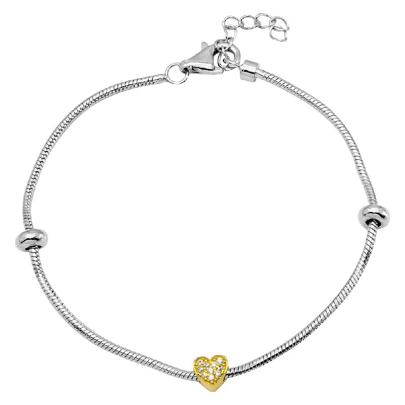 Ladies Bracelets for Volunteer Spark-Rhodium Plated 925 Sterling Silver Snake Bracelet with Gold Plated CZ Heart Charm - BGB00289