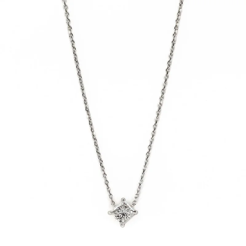 Ladies Necklaces with Lock Shine-0.71ct Princess Cut Diamond Solitaire 16" Necklace in 14K White Gold