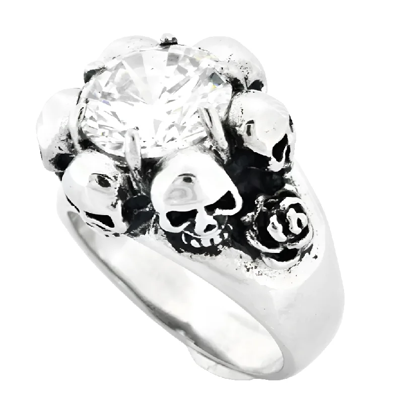 Ladies Urban Edge Rings -Stainless Steel Skulls and Rose around CZ Ring