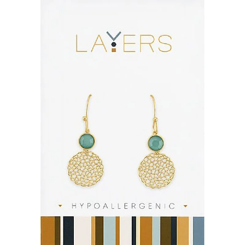 Ladies Amethyst Gem Earrings -Center Court :Gold Pacific Opal & Delicate Mesh Dangle Layers Earrings