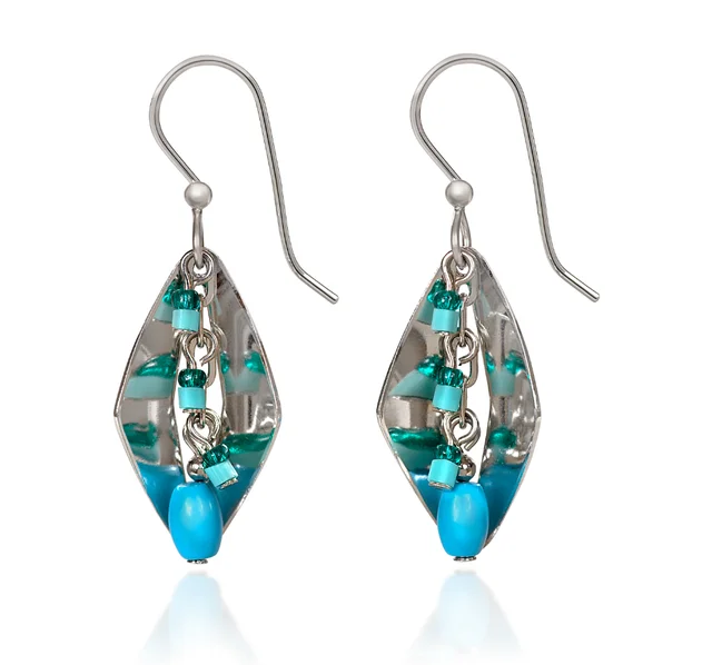 Ladies Whimsical Charm Earrings -Silver Forest Earrings Folded Blue Beads on Silver Diamond Drop