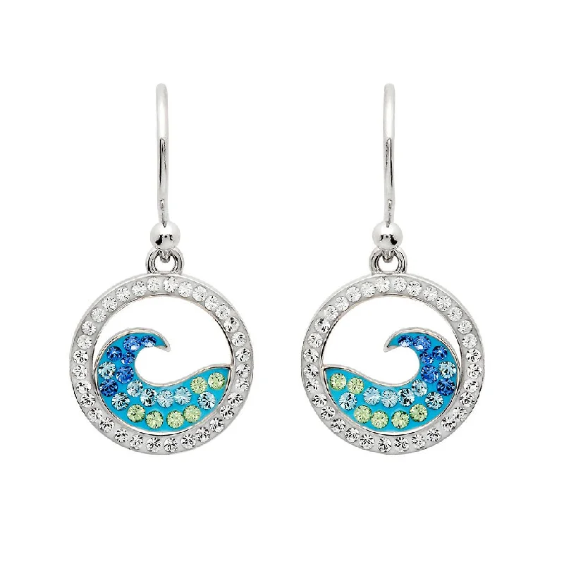 Ladies Motivation Drop Earrings -Ocean : Sterling Silver Sapphire Aquamarine Crystal Wave Earrings