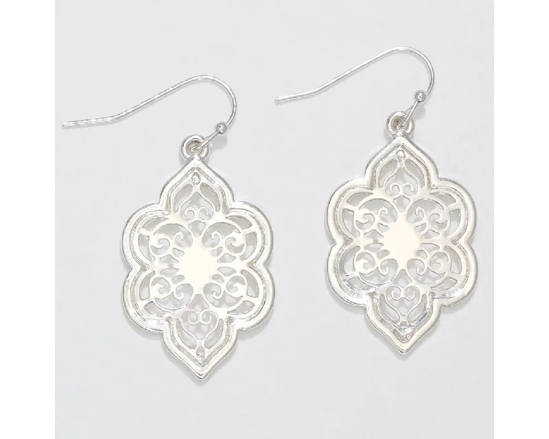 Ladies Zirconia Sparkle Earrings -Periwinkle by Barlow :  Ornate Silver Scrollwork cutouts- Earrings