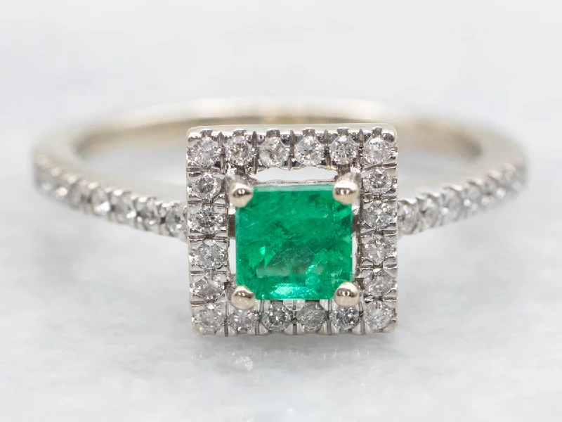 Ladies Soft Engagement Rings -Modern Square Emerald and Diamond Halo Engagement Ring