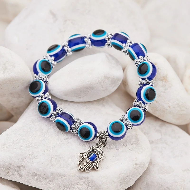 Ladies Bracelets with Moon Gems-Blue Hamsa Hand Evil Eye Bracelet