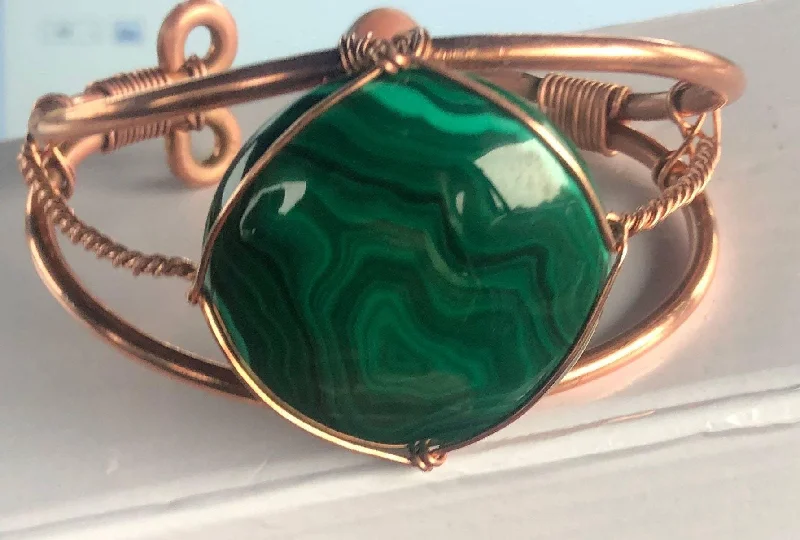 Ladies Bracelets with Gold Amber-Malachite Cabochon 40 MM Round Copper Bracelet Wire wrapped Handmade