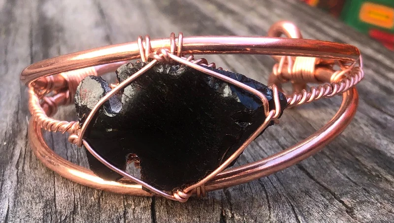 Ladies Bracelets with Pink Tugtupite-Black Obsidian Arrowhead Apache Tear Copper Bracelet