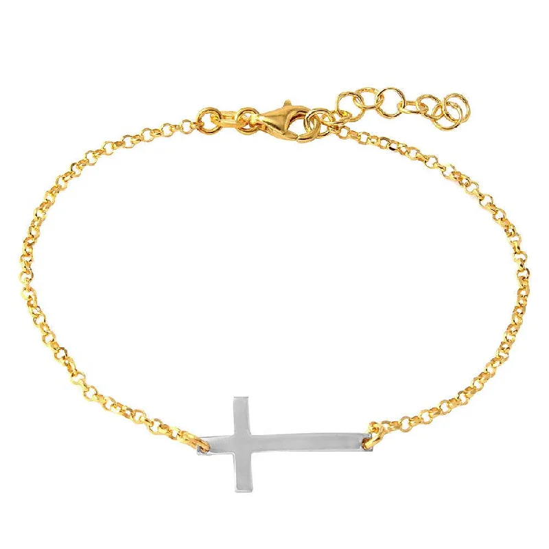 Ladies Bracelets Handcrafted Glow-Silver 925 Gold Plated Italian Rolo Chain with Rhodium Plated Cross Bracelet - ARB00020GP