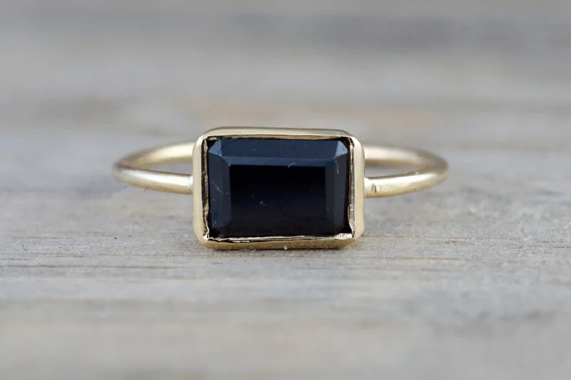 Ladies Birthday Gift Rings -14k Yellow Gold Black Spinel 1.24 carats Rectangle Square Bezel Band Ring Stackable