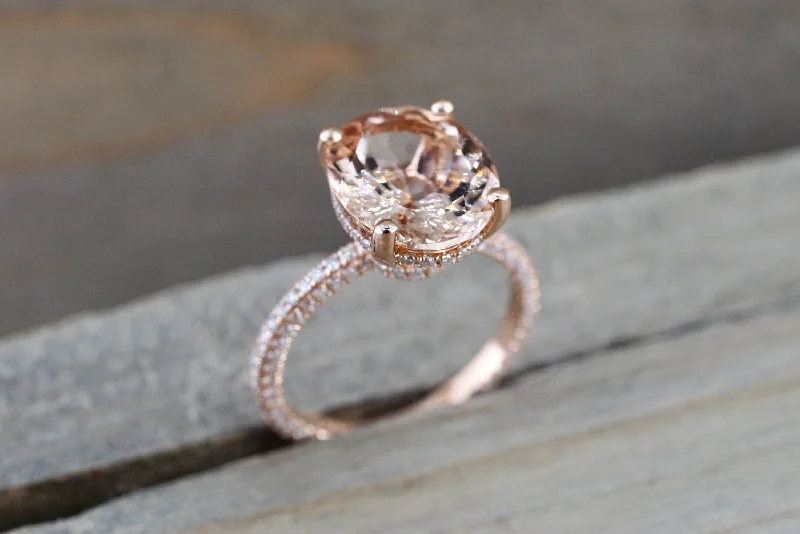 Ladies Infinity Loop Rings -14k Gold Encrusted Under Halo Micro Pave 3 Face Oval Morganite Ring 12x10 ASPER1430030