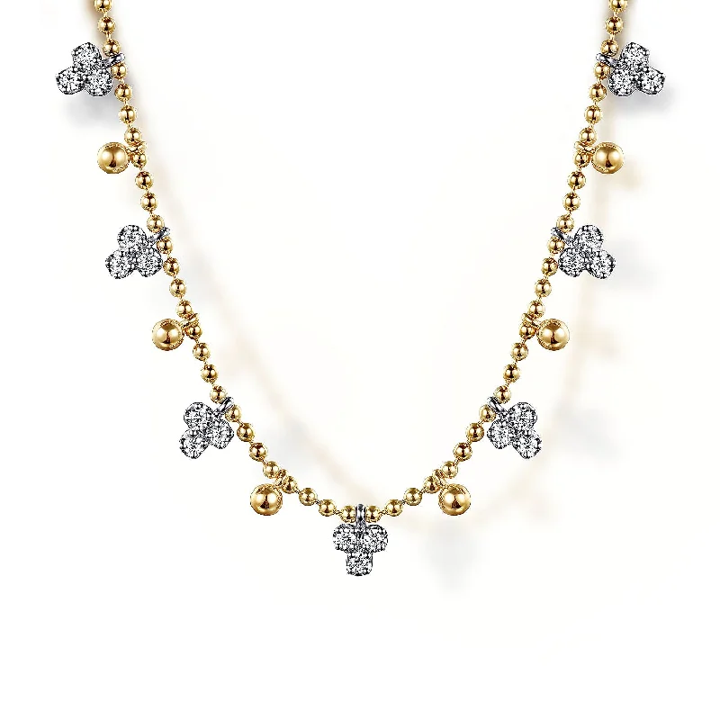 Ladies Necklaces with Blue Shattuckite-Diamond Bead Droplet Necklace in Two-Tone Gold by Gabriel & Co.