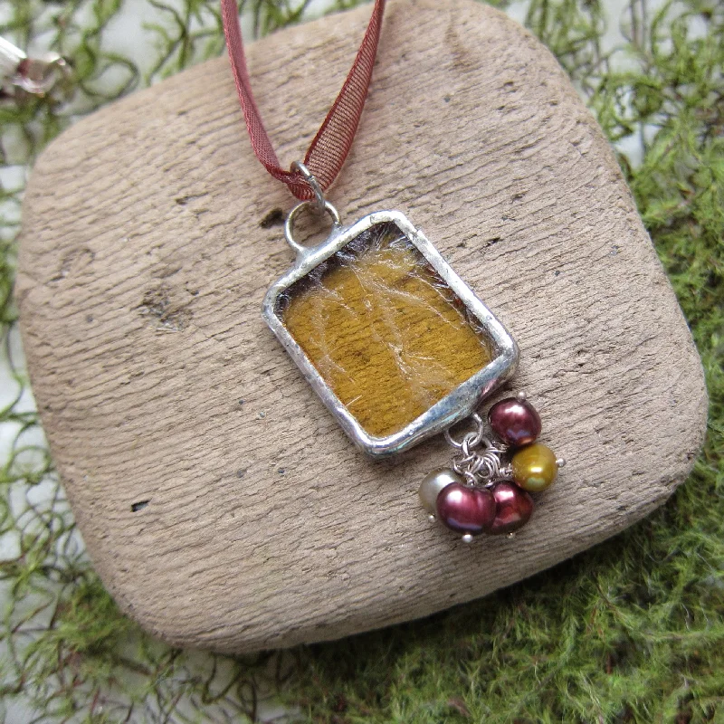 Ladies Necklaces Timeless Glow-Yellow Stained Glass Necklace with Freshwater Pearls