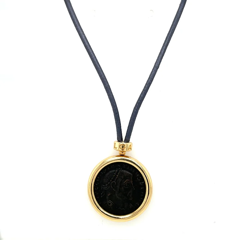 Ladies Necklaces for Doctor Spark-Bulgari Monete Constantinus Coin Black Lace Yellow Gold Pendant Necklace