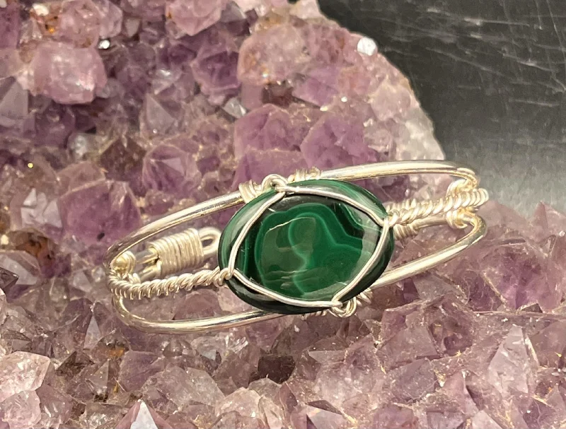 Ladies Bracelets with Dark Obsidian-Malachite on Sterling Silver Cuff Bracelet Wire wrapped Handmade