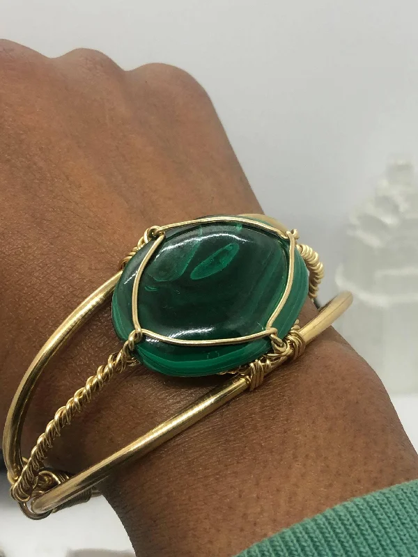 Ladies Bracelets with Black Onyx-Malachite Brass 40x30mm Oval Bracelet Wire wrapped Handmade