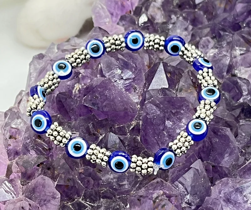 Ladies Bracelets with Spiral Shine-Evil Eye Stretchy Bracelet w/Tibetan Silver spacers