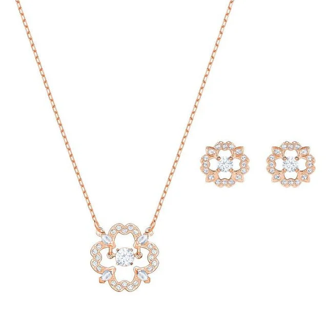 Ladies Coin Charm Earrings -Swarovski Sparkling Dance Flower Rose Gold-Tone Necklace and Earring Set