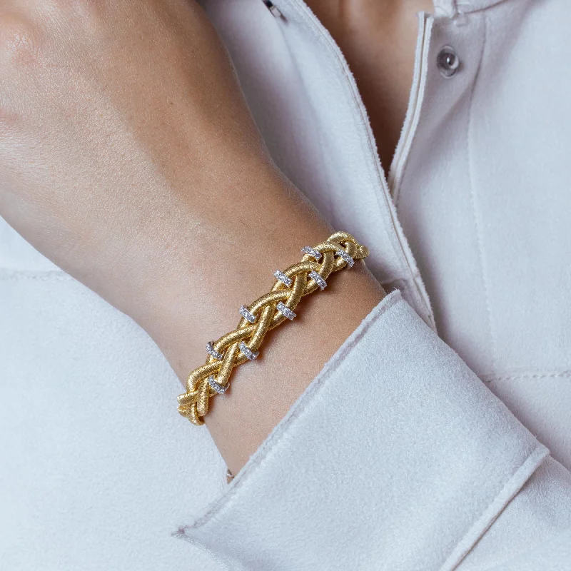 Ladies Bracelets with Lock Glow-Silver 925 Gold Plated Braided Italian Bracelet with Small CZ Bar Accents - ITB00208GP-RH