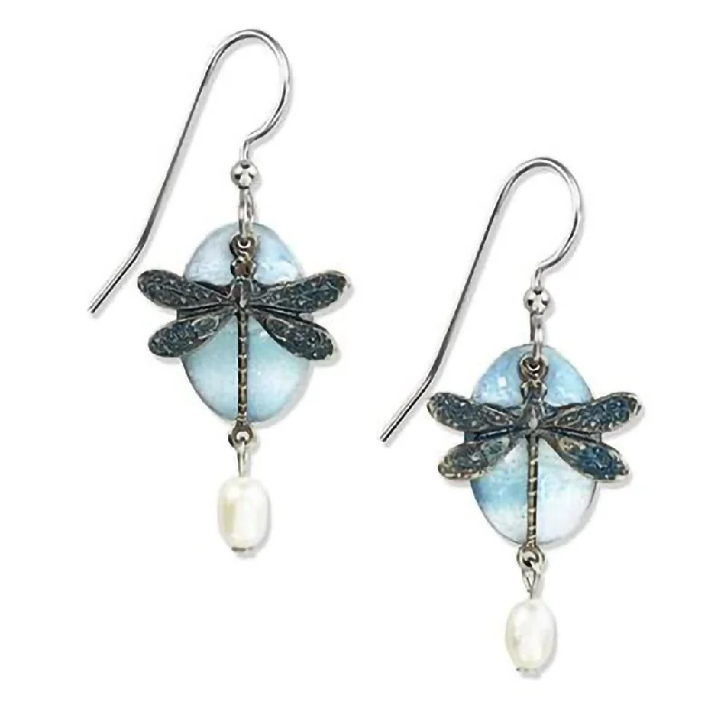 Ladies Petite Stud Earrings -Silver Forest Earrings - Silver Blue Dragonfly White Bead