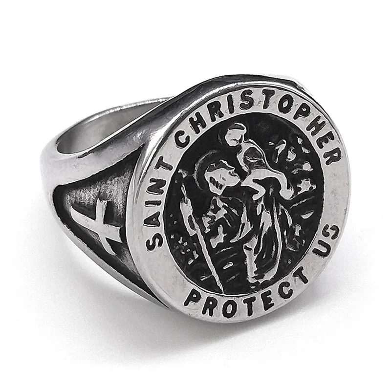 Ladies Silky Smooth Rings -St. Christopher Protect us Stainless Steel Ring