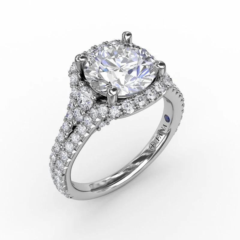 Ladies Retro Engagement Rings -Cushion Halo Engagement Ring With Side Stones and Double-Row Diamond Band S3270