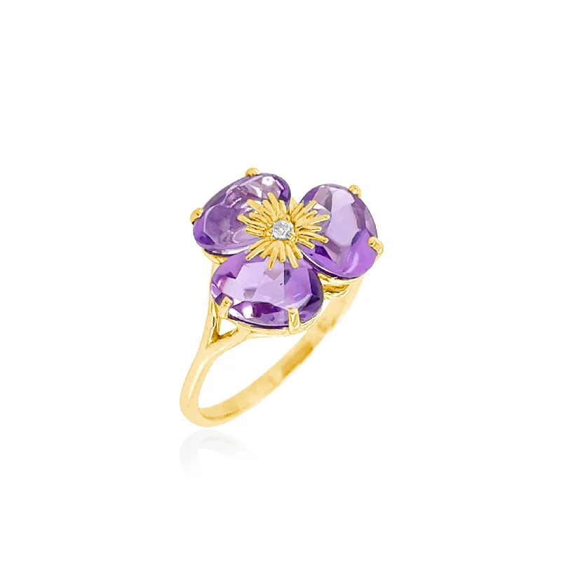 Ladies Glossy Shine Rings -Amethyst Flower Pansy Ring, 18K Yellow Gold